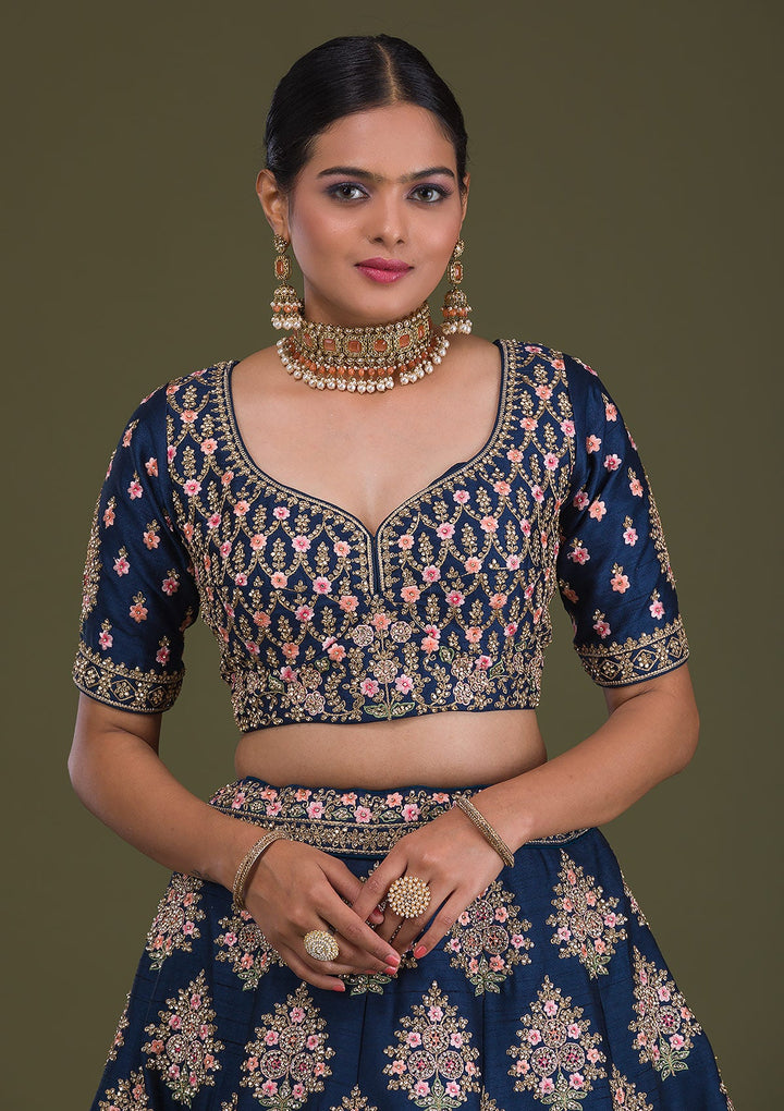Navy Blue Stonework Raw Silk Readymade Lehenga-Koskii