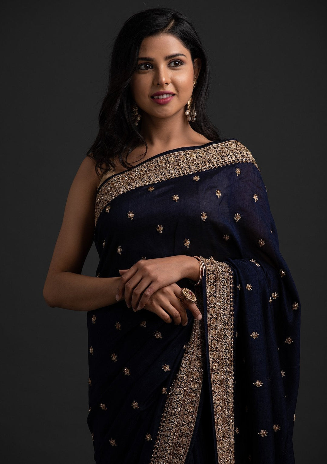 Navy Blue Stonework Raw Silk Designer Saree - koskii
