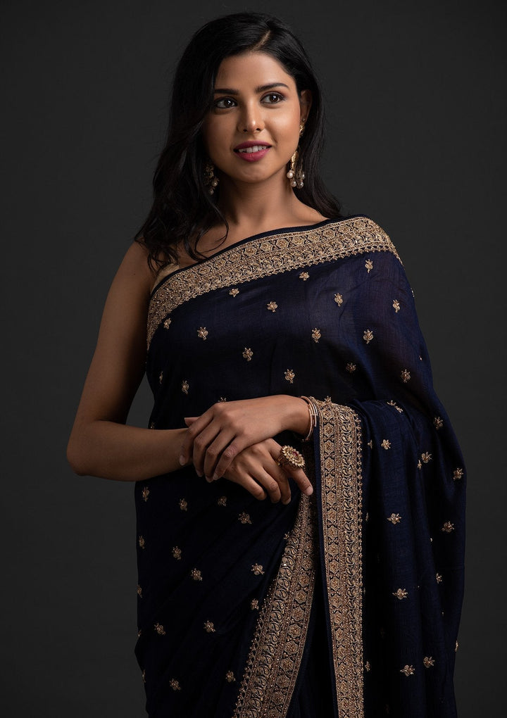 Navy Blue Stonework Raw Silk Designer Saree - koskii