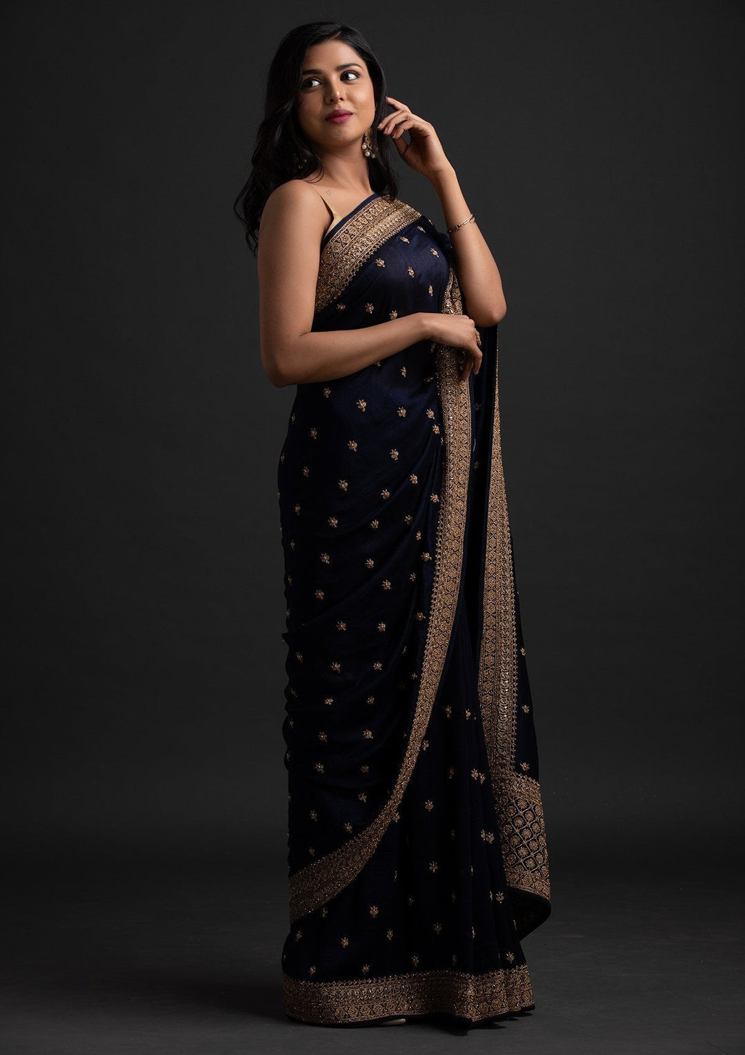 Navy Blue Stonework Raw Silk Designer Saree - koskii