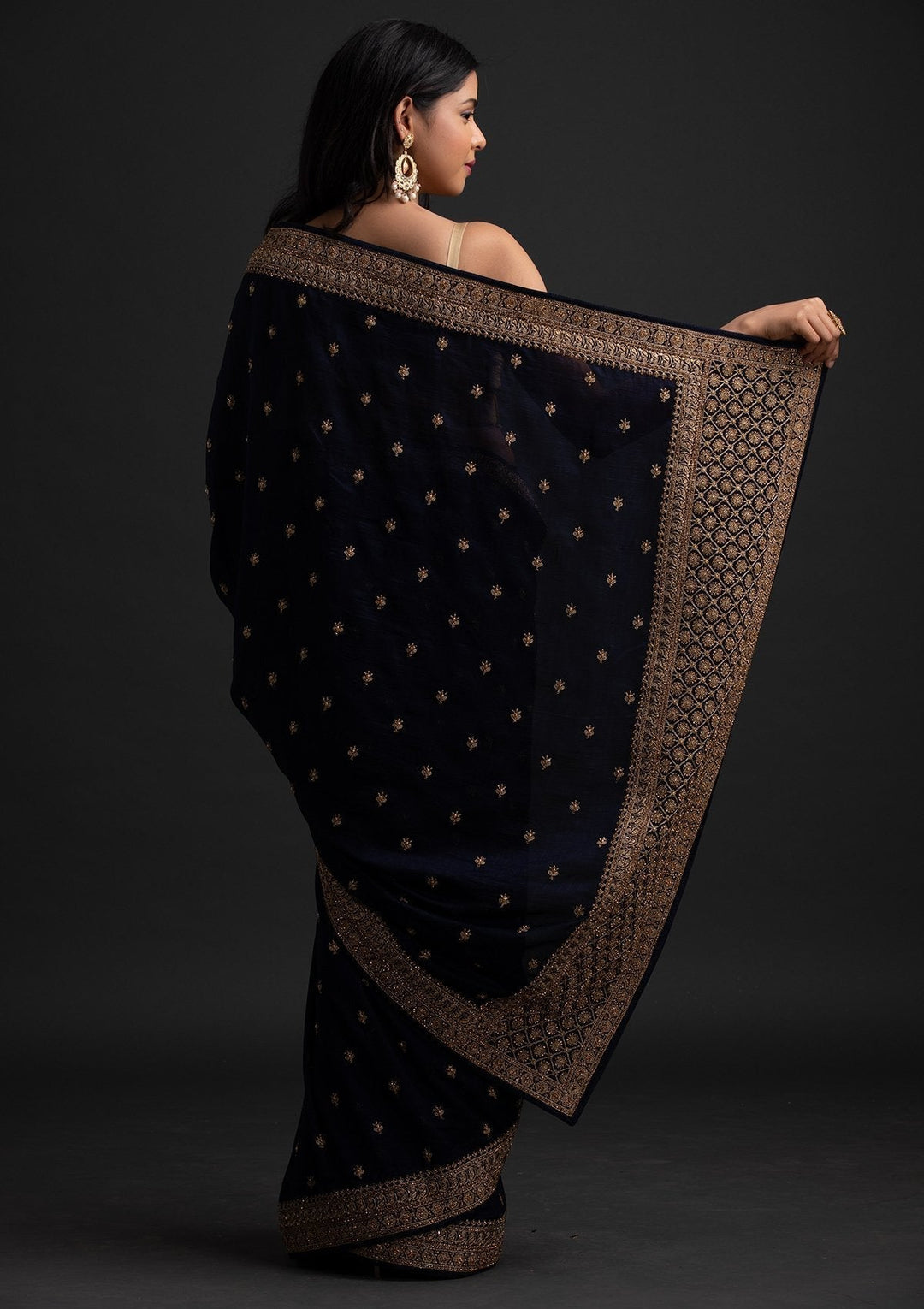 Navy Blue Stonework Raw Silk Designer Saree - koskii