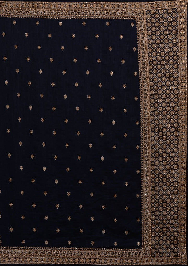 Navy Blue Stonework Raw Silk Designer Saree - koskii