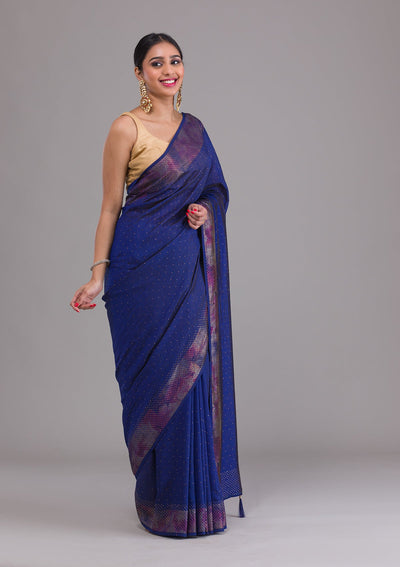Navy Blue Stonework Raw Silk Saree-Koskii