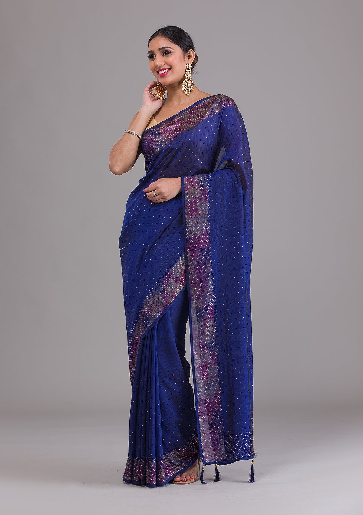 Navy Blue Stonework Raw Silk Saree-Koskii