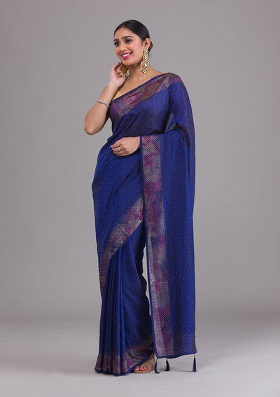 Navy Blue Stonework Raw Silk Saree-Koskii