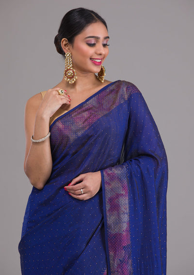 Navy Blue Stonework Raw Silk Saree-Koskii
