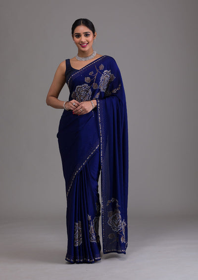 Navy Blue Stonework Satin Saree-Koskii