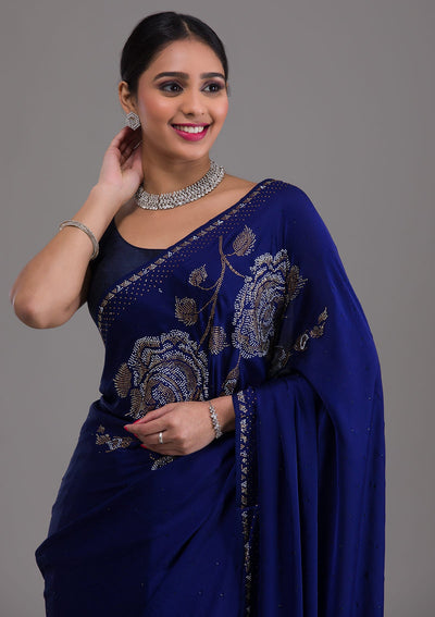 Navy Blue Stonework Satin Saree-Koskii