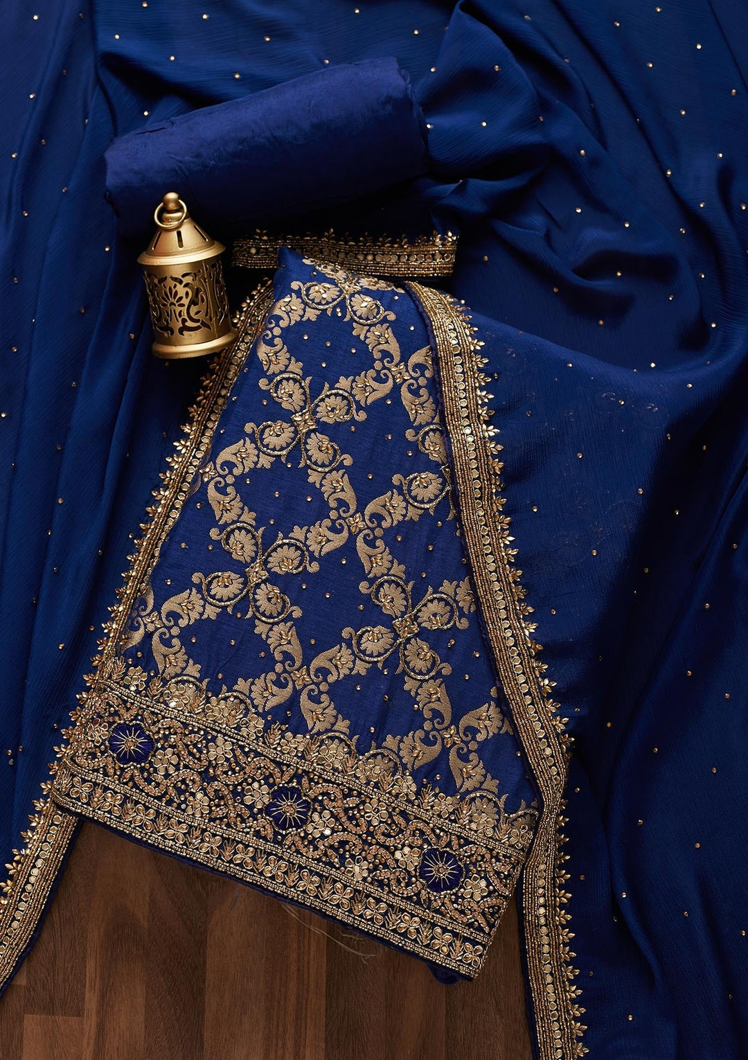 Navy Blue Stonework Semi Crepe Designer Unstitched Salwar Suit - Koskii