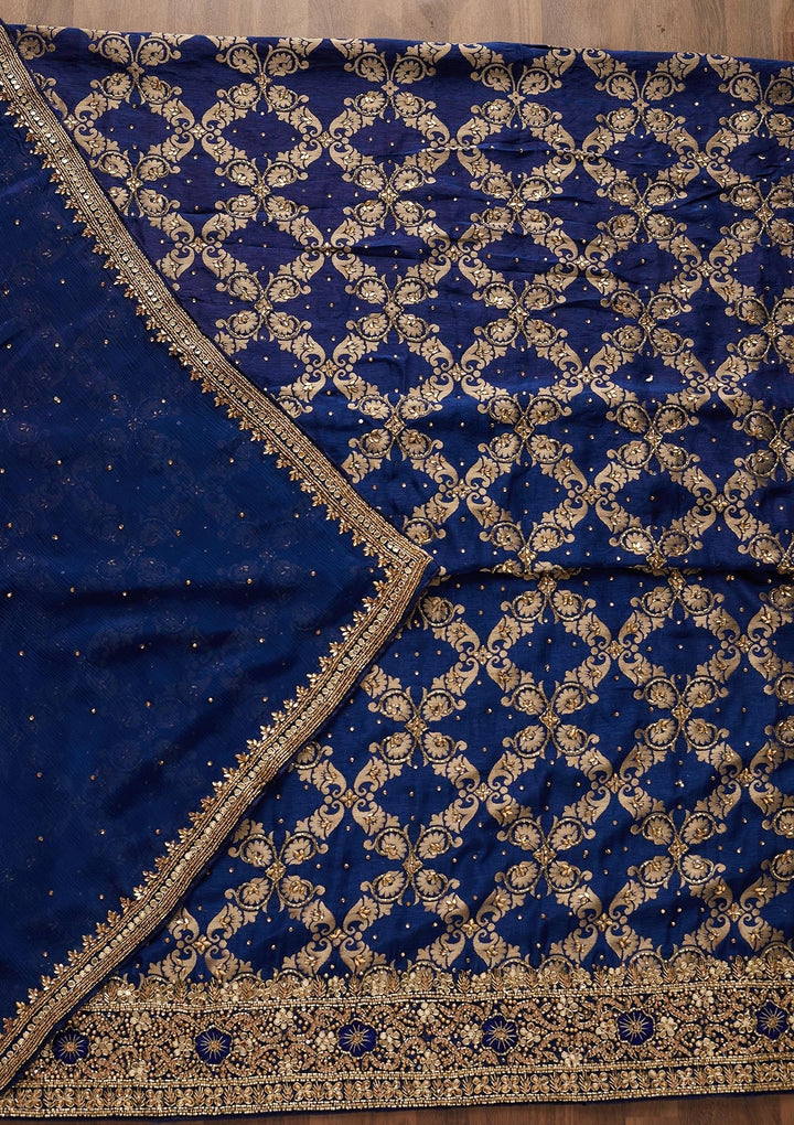 Navy Blue Stonework Semi Crepe Designer Unstitched Salwar Suit - Koskii
