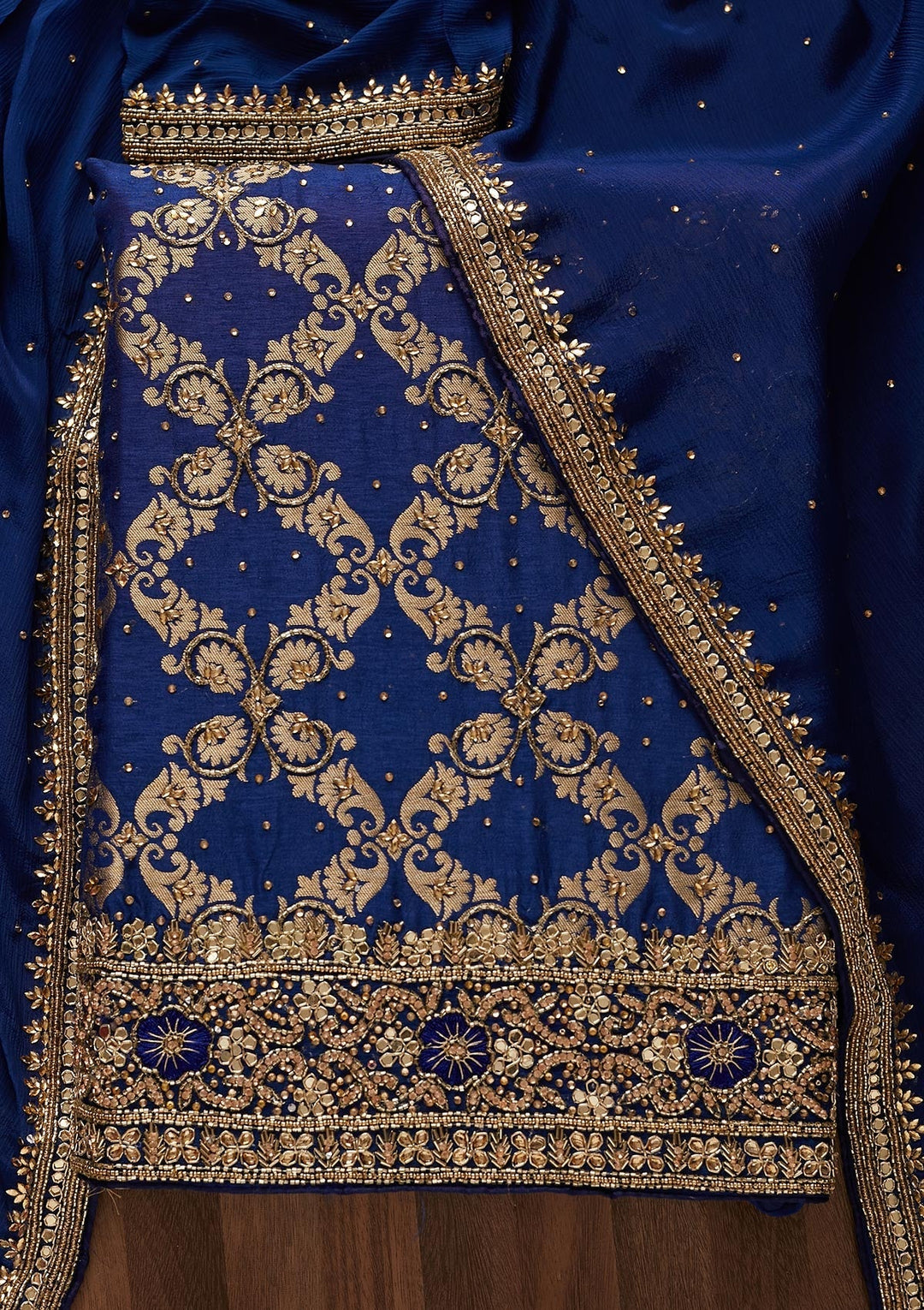 Navy Blue Stonework Semi Crepe Designer Unstitched Salwar Suit - Koskii