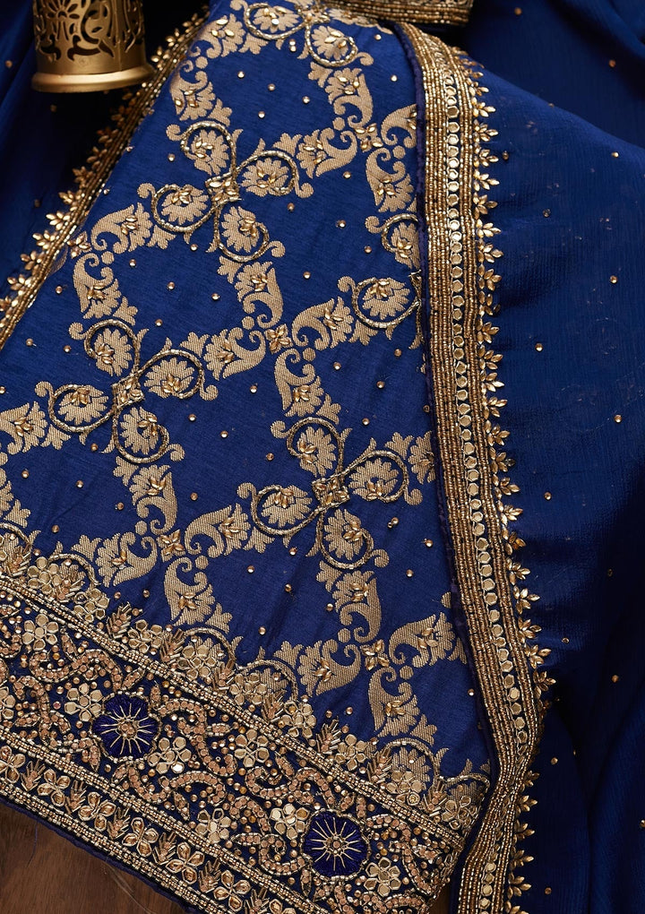 Navy Blue Stonework Semi Crepe Designer Unstitched Salwar Suit - Koskii