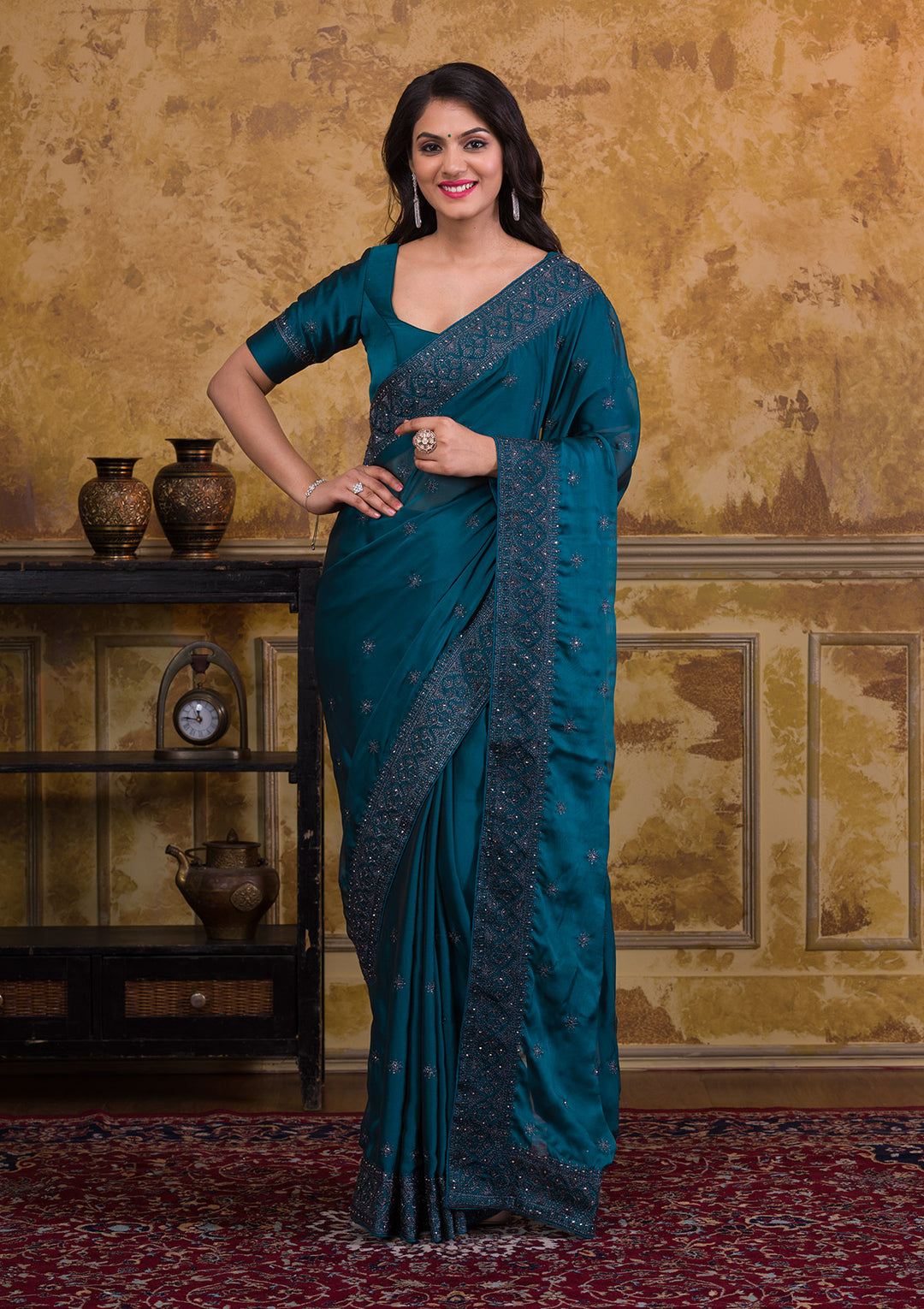 Navy Blue Swarovski Satin Saree-Koskii