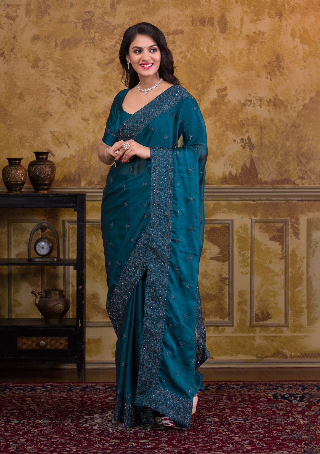 Navy Blue Swarovski Satin Saree-Koskii