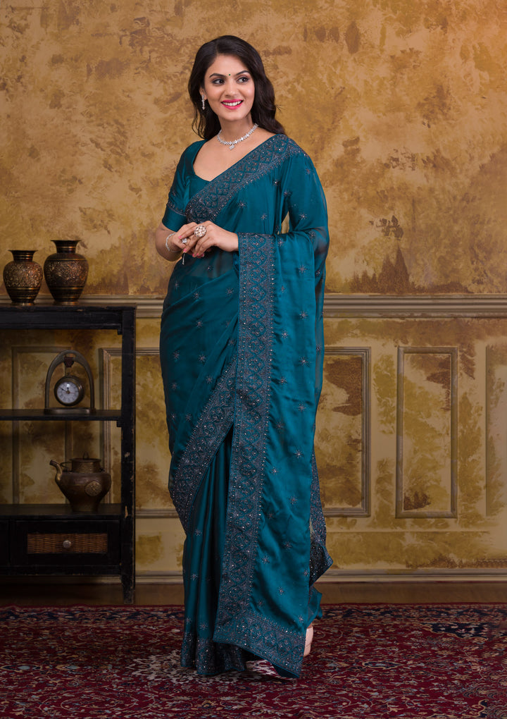 Navy Blue Swarovski Satin Saree-Koskii