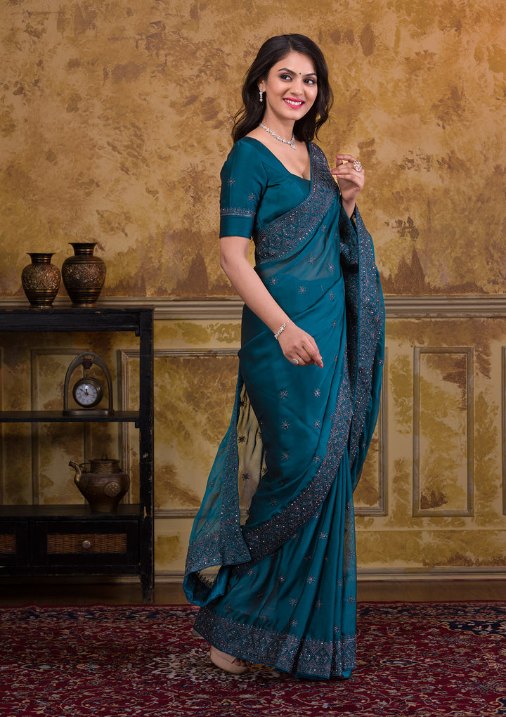 Navy Blue Swarovski Satin Saree-Koskii