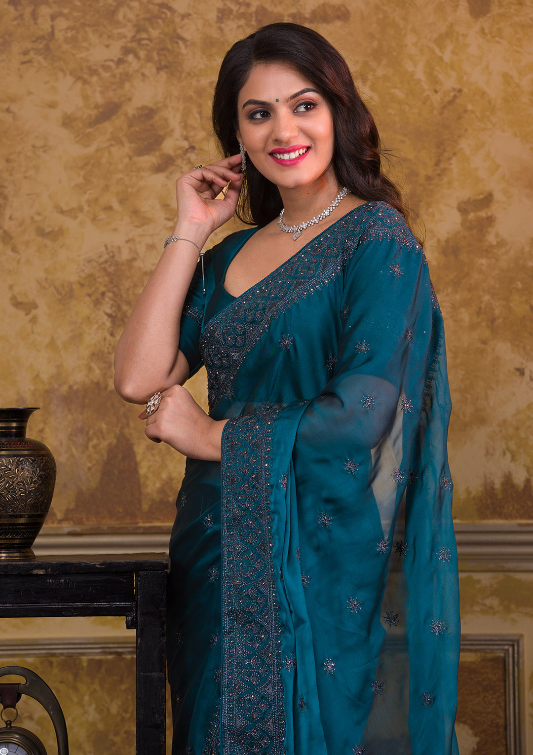Navy Blue Swarovski Satin Saree-Koskii