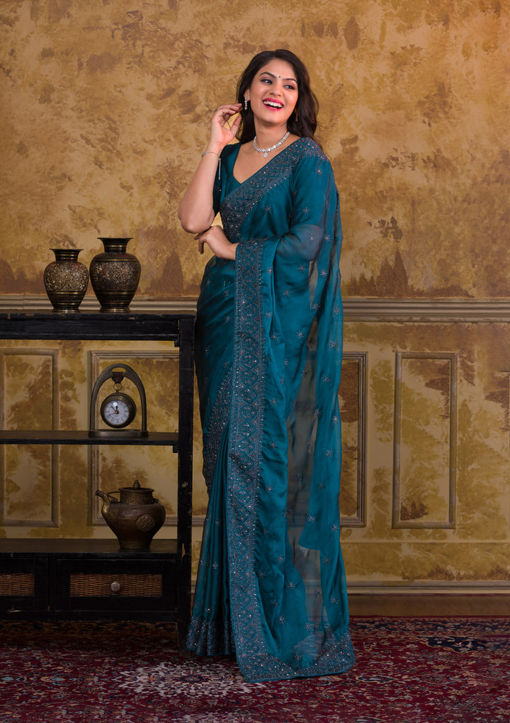 Navy Blue Swarovski Satin Saree-Koskii