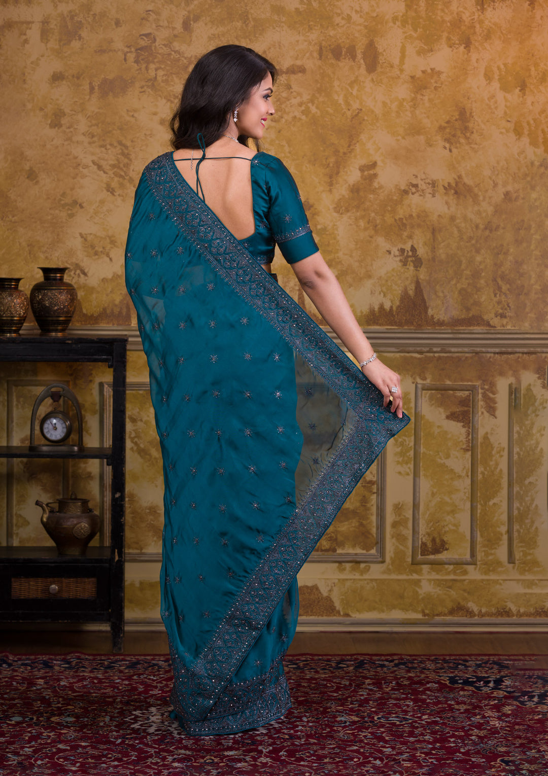 Navy Blue Swarovski Satin Saree-Koskii