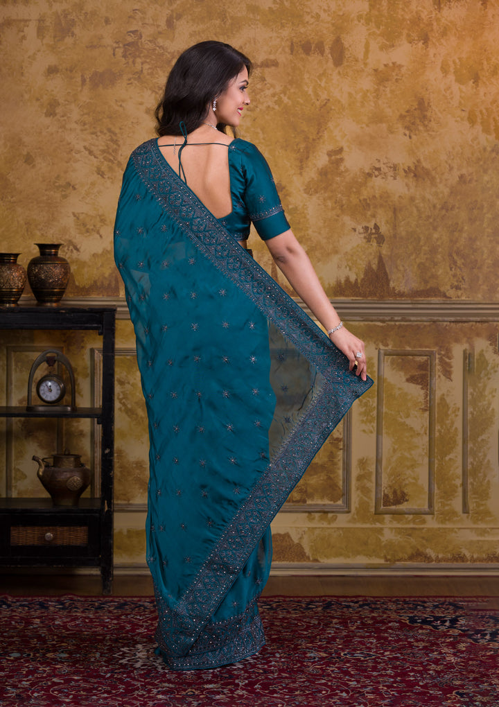 Navy Blue Swarovski Satin Saree-Koskii