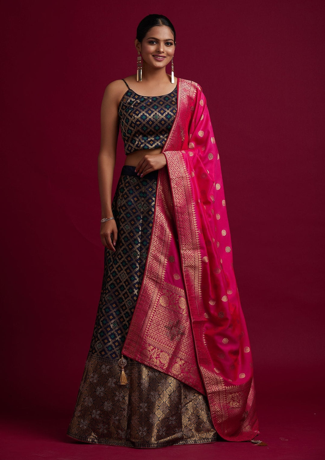 Navy Blue Swarovski Banarasi Designer Semi-Stitched Lehenga - koskii