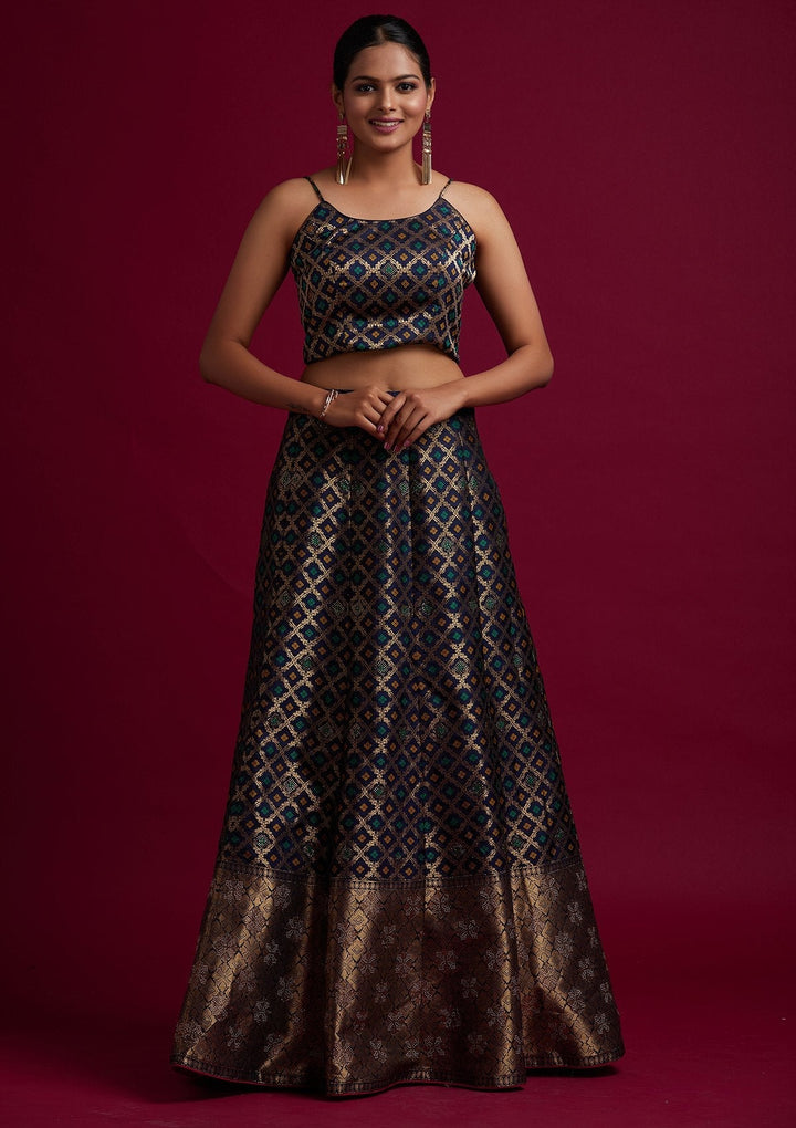 Navy Blue Swarovski Banarasi Designer Semi-Stitched Lehenga - koskii