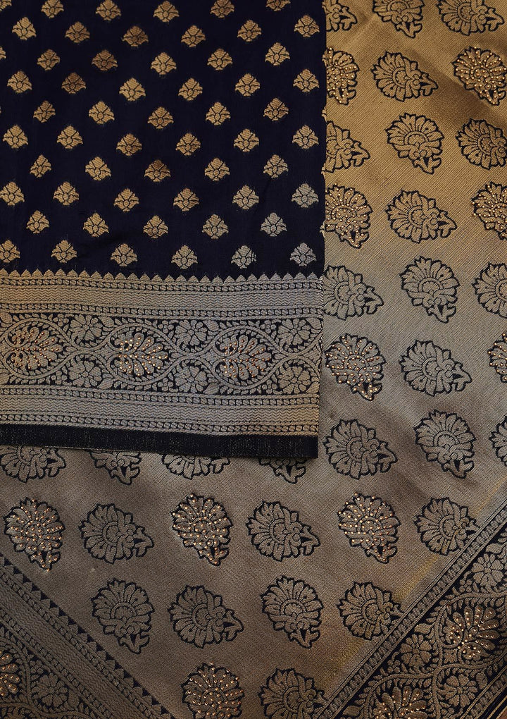 Navy Blue Swarovski Brocade Designer Saree - koskii
