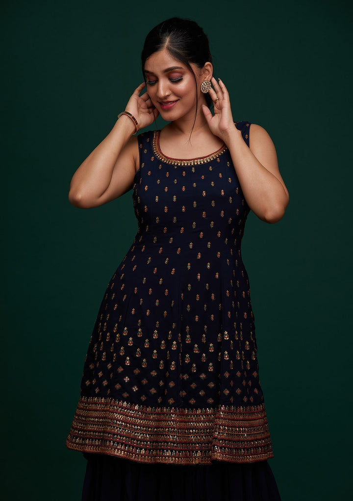 Navy Blue Swarovski Georgette Designer Salwar Suit - Koskii