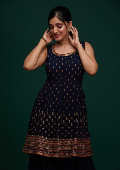 Navy Blue Swarovski Georgette Designer Salwar Suit - Koskii