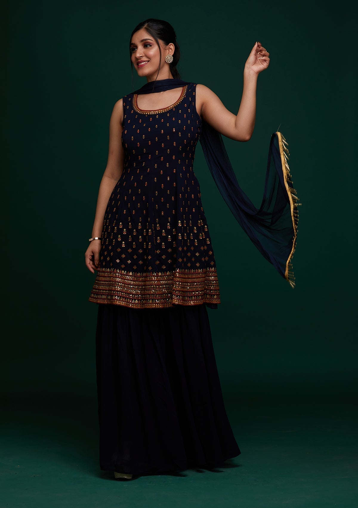 Navy Blue Swarovski Georgette Designer Salwar Suit - Koskii