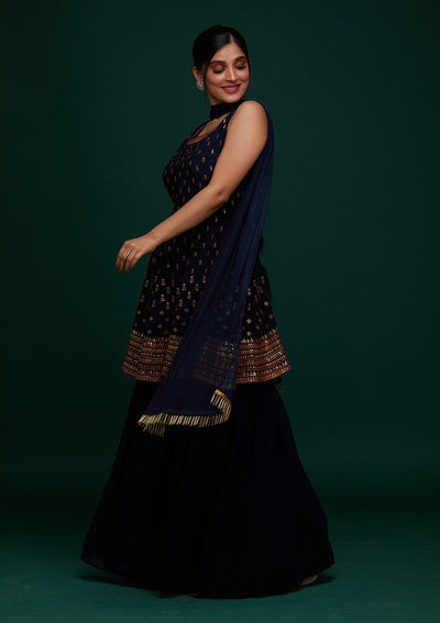 Navy Blue Swarovski Georgette Designer Salwar Suit - Koskii
