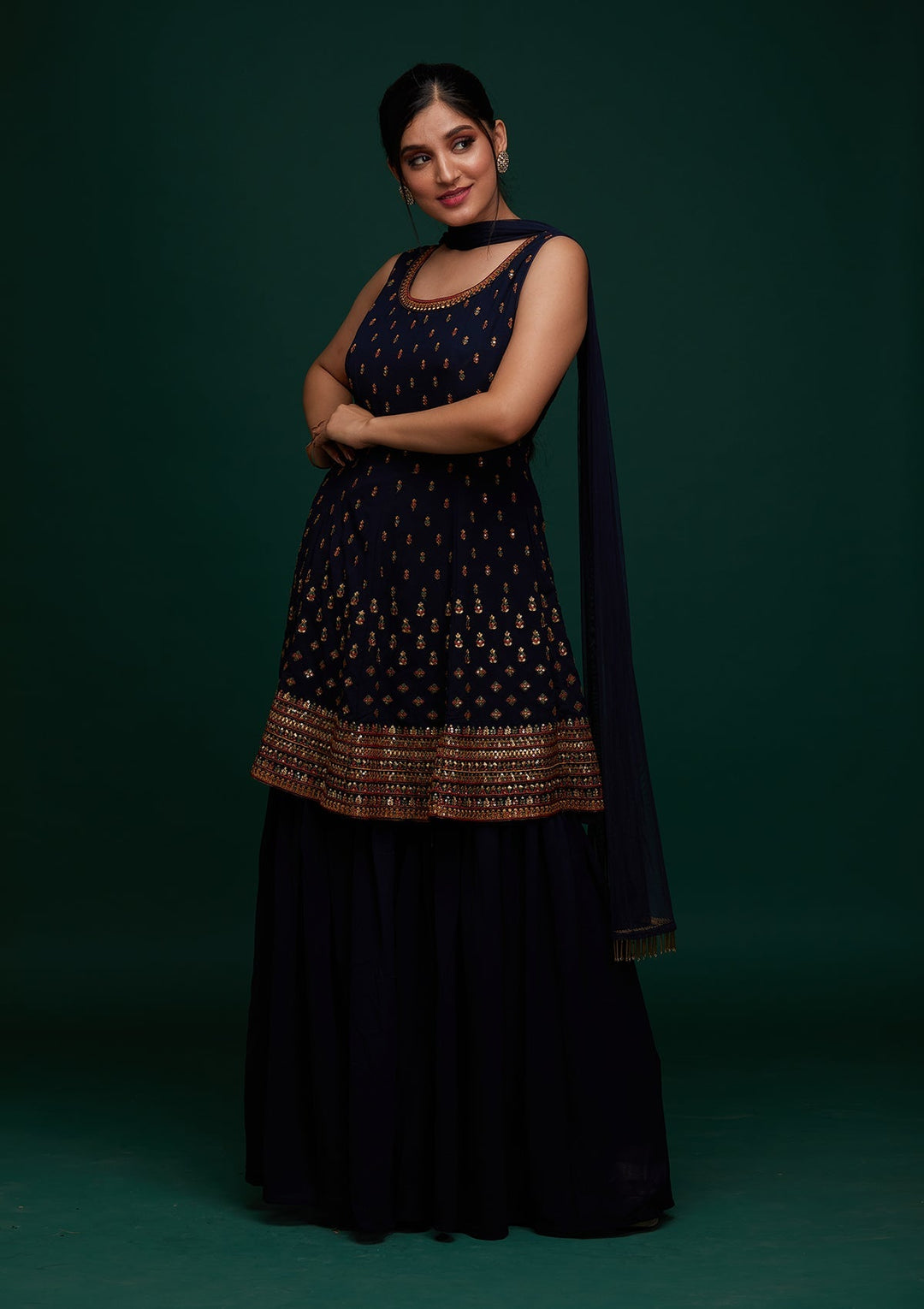 Navy Blue Swarovski Georgette Designer Salwar Suit - Koskii