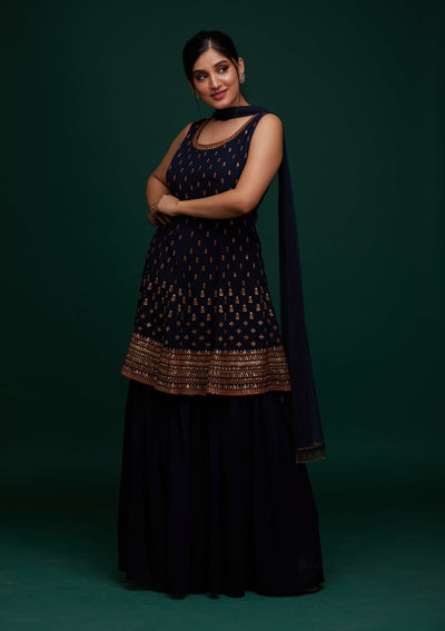 Navy Blue Swarovski Georgette Designer Salwar Suit - Koskii