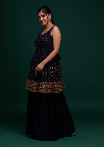 Navy Blue Swarovski Georgette Designer Salwar Suit - Koskii