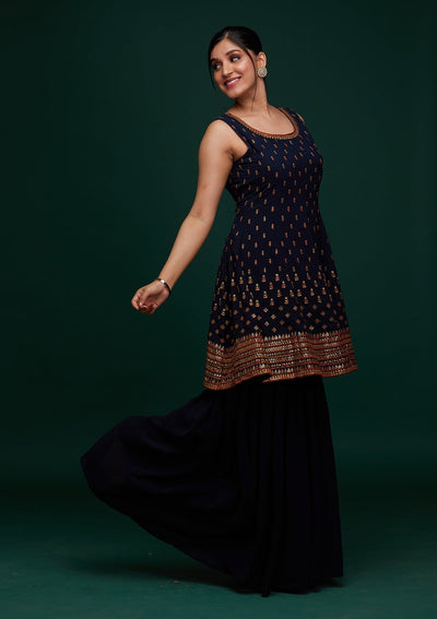 Navy Blue Swarovski Georgette Designer Salwar Suit - Koskii