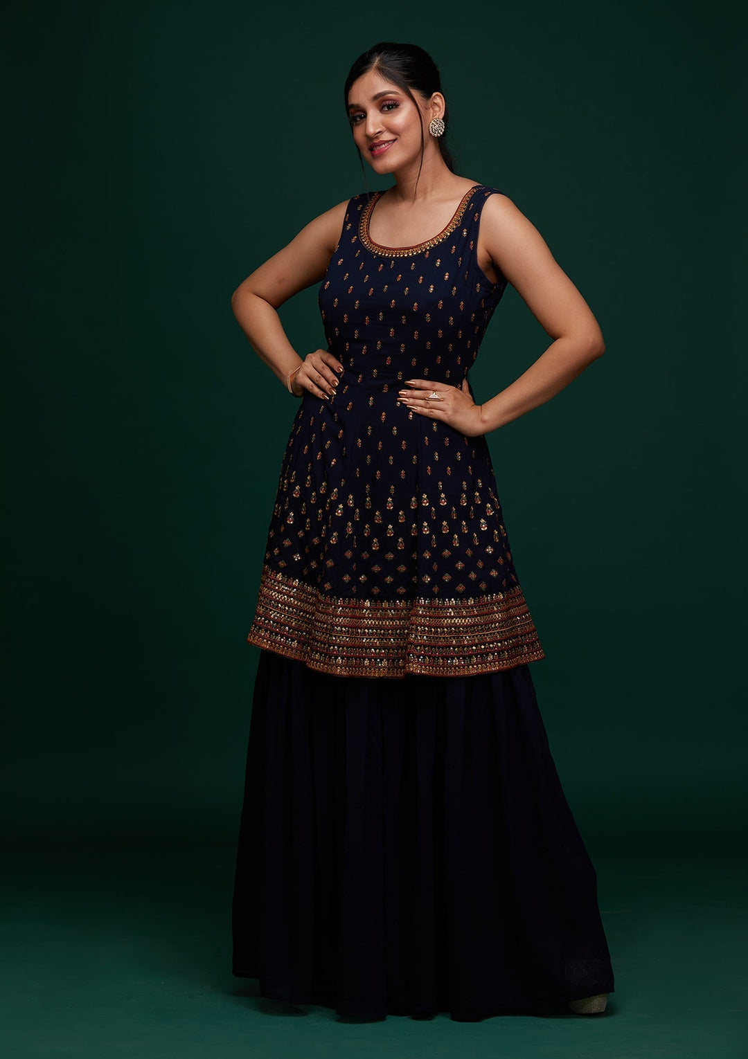 Navy Blue Swarovski Georgette Designer Salwar Suit - Koskii