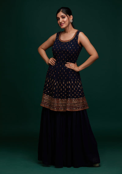 Navy Blue Swarovski Georgette Designer Salwar Suit - Koskii