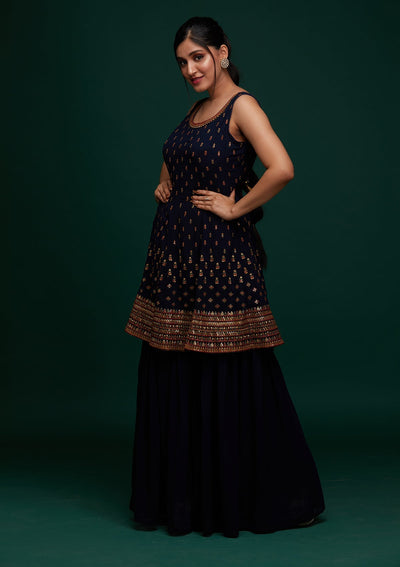 Navy Blue Swarovski Georgette Designer Salwar Suit - Koskii