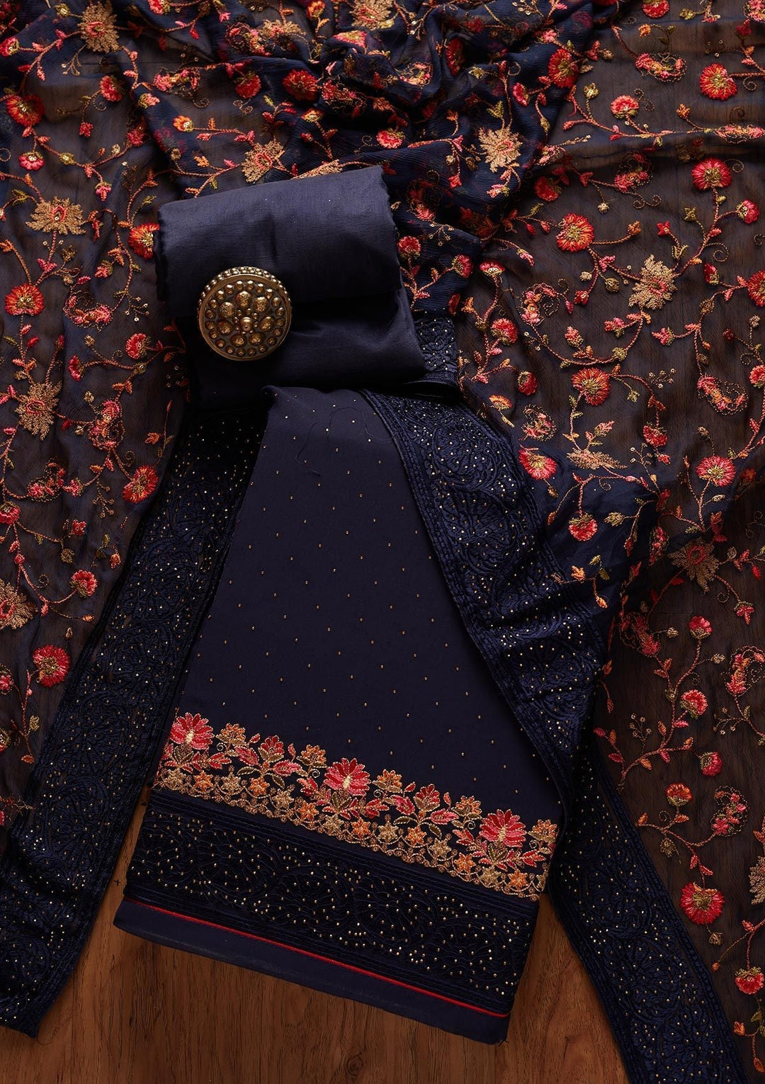 Navy Blue Swarovski Georgette Designer Unstitched Salwar Suit - koskii