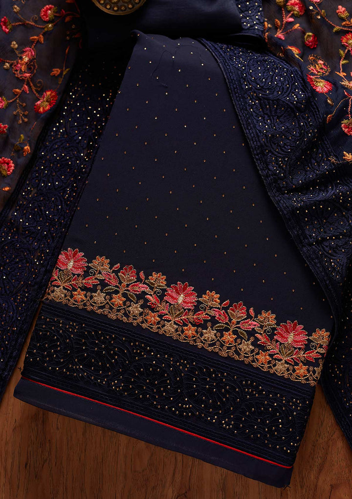 Navy Blue Swarovski Georgette Designer Unstitched Salwar Suit - koskii