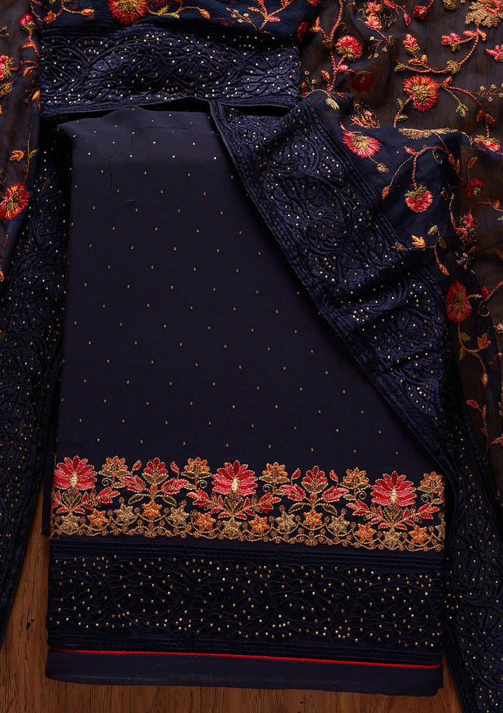 Navy Blue Swarovski Georgette Designer Unstitched Salwar Suit - koskii