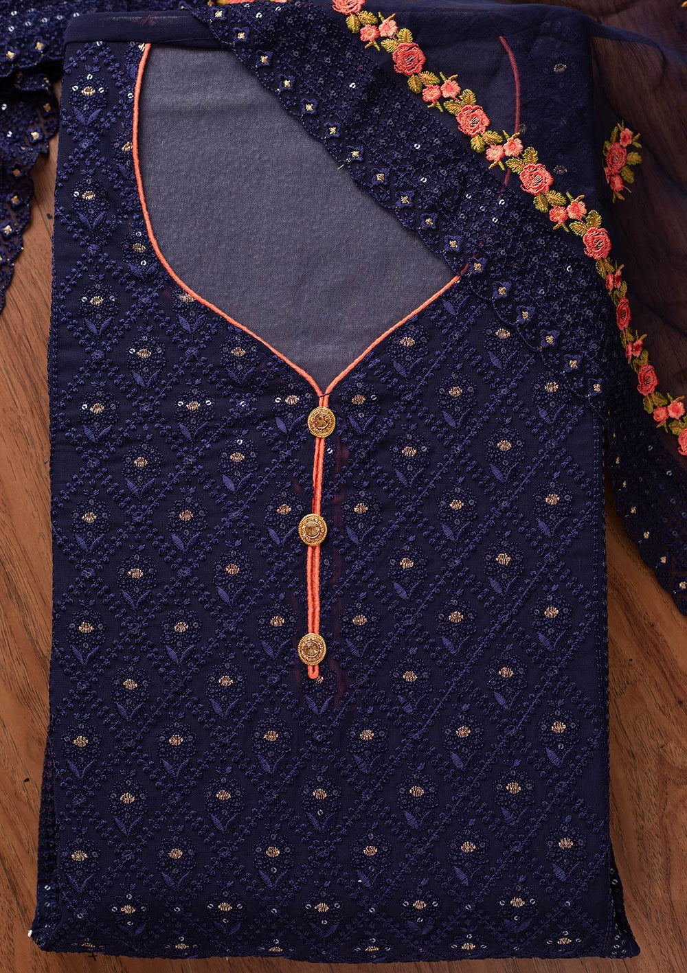 Navy Blue Swarovski Georgette Designer Semi-Stitched Salwar Suit - koskii