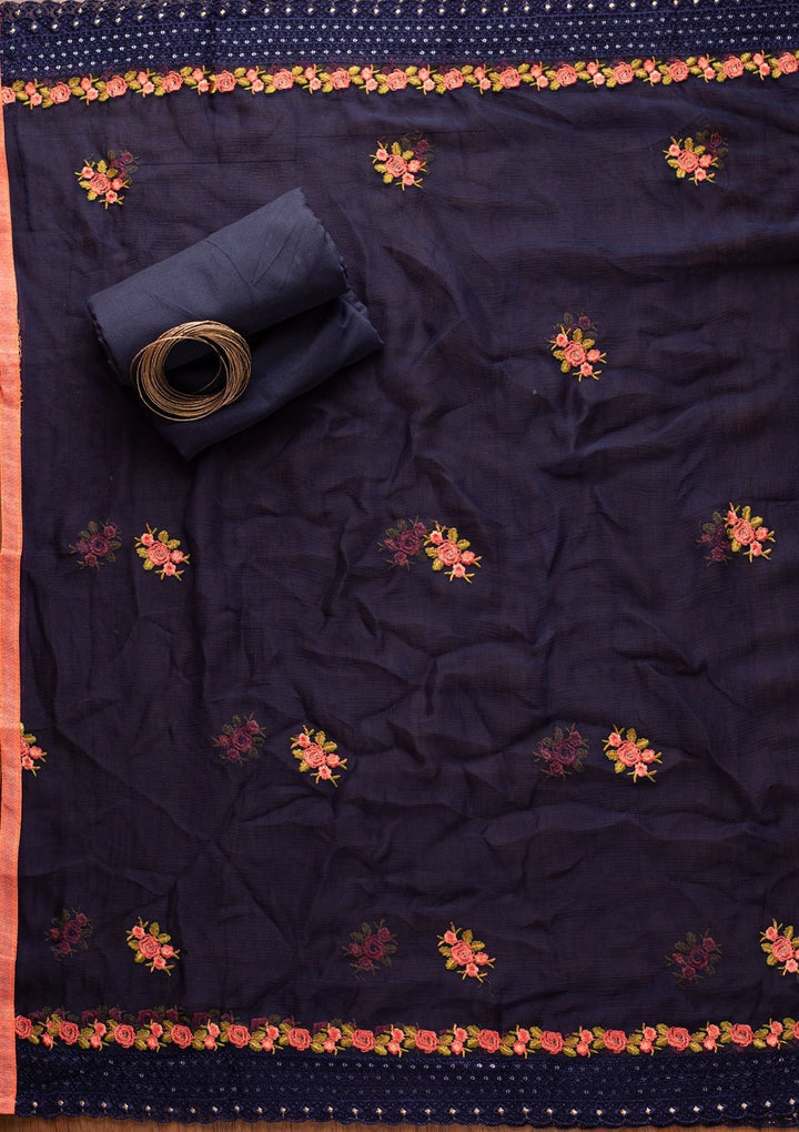 Navy Blue Swarovski Georgette Designer Semi-Stitched Salwar Suit - koskii