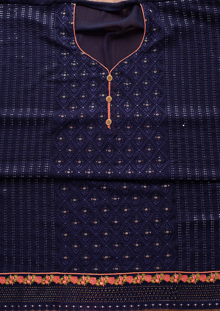 Navy Blue Swarovski Georgette Designer Semi-Stitched Salwar Suit - koskii