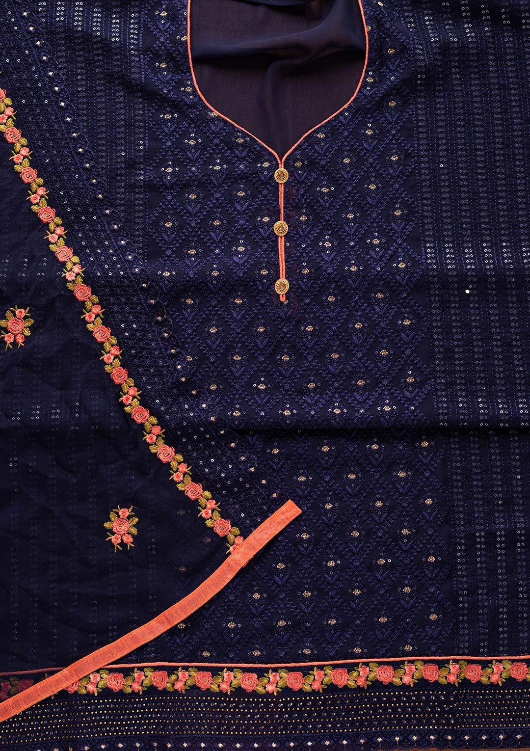 Navy Blue Swarovski Georgette Designer Semi-Stitched Salwar Suit - koskii