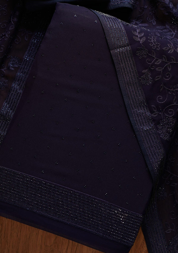 Navy Blue Swarovski Georgette Designer Unstitched Salwar Suit - koskii