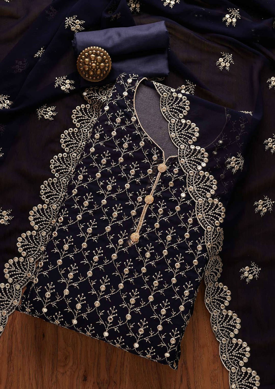 Navy Blue Swarovski Georgette Designer Unstitched Salwar Suit - Koskii