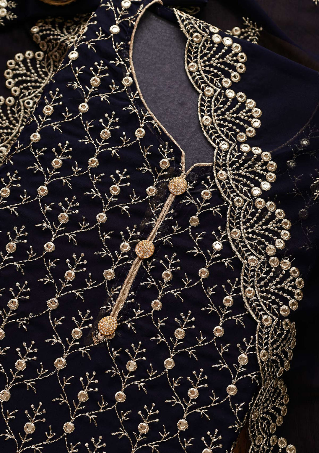 Navy Blue Swarovski Georgette Designer Unstitched Salwar Suit - Koskii