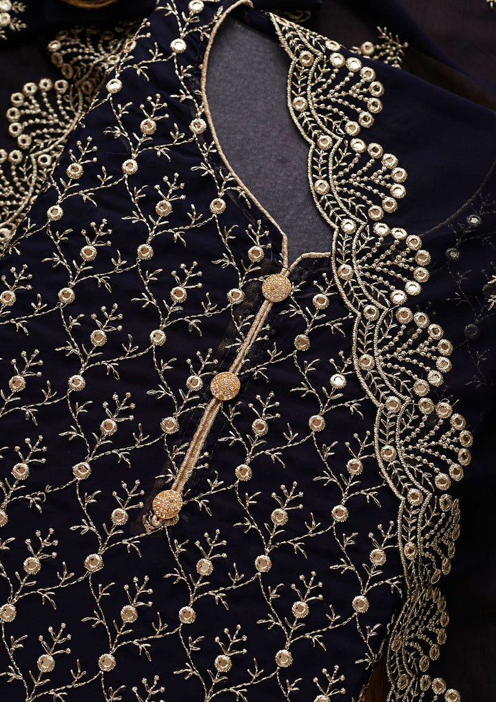 Navy Blue Swarovski Georgette Designer Unstitched Salwar Suit - Koskii
