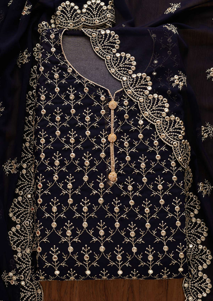Navy Blue Swarovski Georgette Designer Unstitched Salwar Suit - Koskii